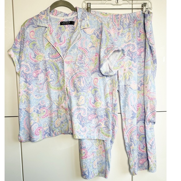 Lauren Ralph Lauren 2 Piece Pajama Paisley Size XL Pants Button Up Top - Picture 1 of 6